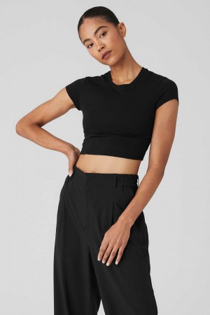 Alo Yoga USA Alosoft Crop Finesse Black | 7021943-ED