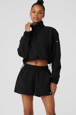 Alo Yoga USA Cropped 1/4 Zip Alumni Pullover Black | 9705681-EC