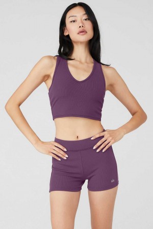 Alo Yoga USA Goddess Ribbed Cropped Racerback Dark Plum | 8416059-FN