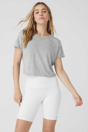 Alo Yoga USA Laid Back Tee Athletic Grey | 8549071-JX