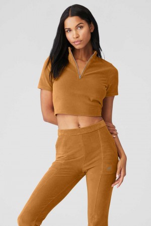 Alo Yoga USA Micro Corduroy Winter Break Mock Neck Toffee | 7098164-OC