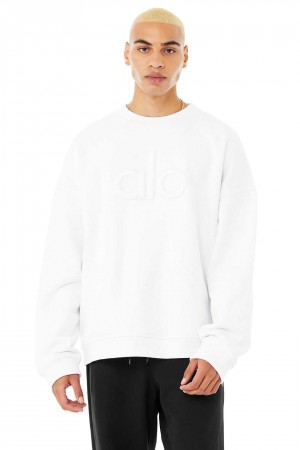 Alo Yoga USA Renown Heavy Weight Emblem Crew Neck Pullover White | 8350619-WS