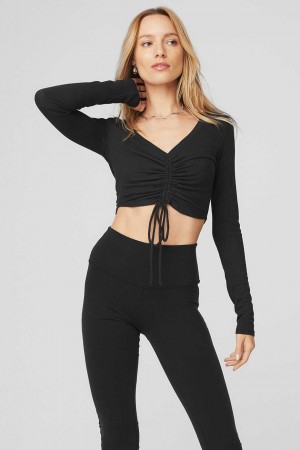 Alo Yoga USA Ribbed Cinch Cropped Long Sleeve Black | 1204763-TU