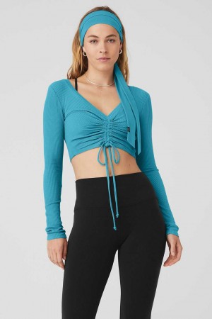 Alo Yoga USA Ribbed Cinch Cropped Long Sleeve Blue Splash | 0241379-ZC