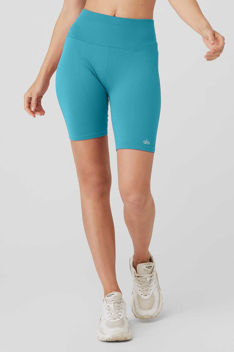 Alo Yoga USA 7\'\' Seamless High-Waist Ribbed Biker Blue Splash | 8957263-FB