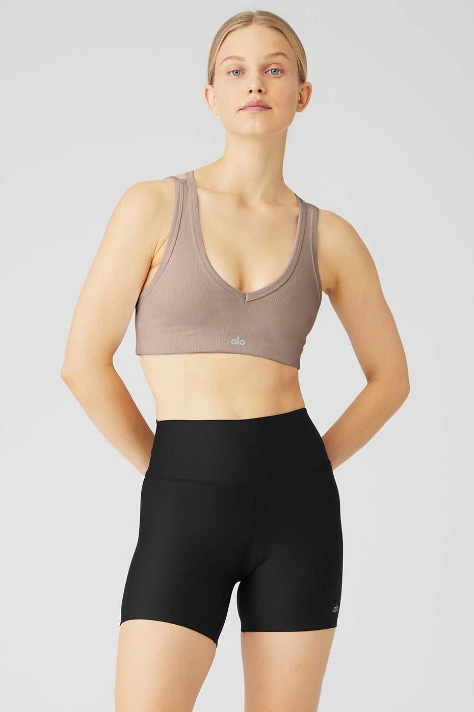 Alo Yoga USA Airlift Ribbed Jump Start V-Neck Taupe | 2631859-FZ