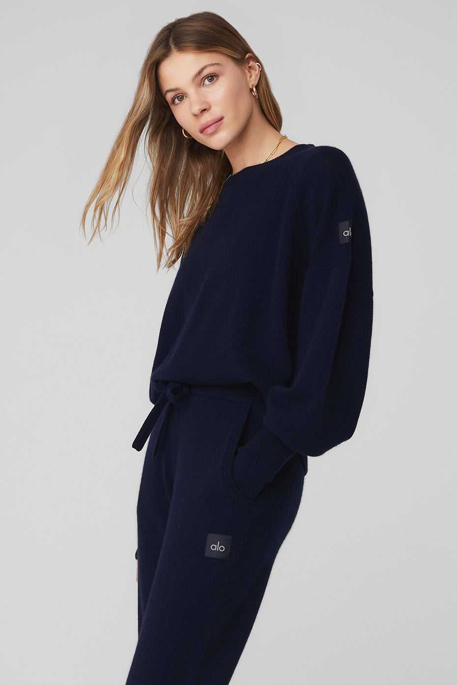 Alo Yoga USA Cashmere Jet Set Crew Navy | 9461753-VM