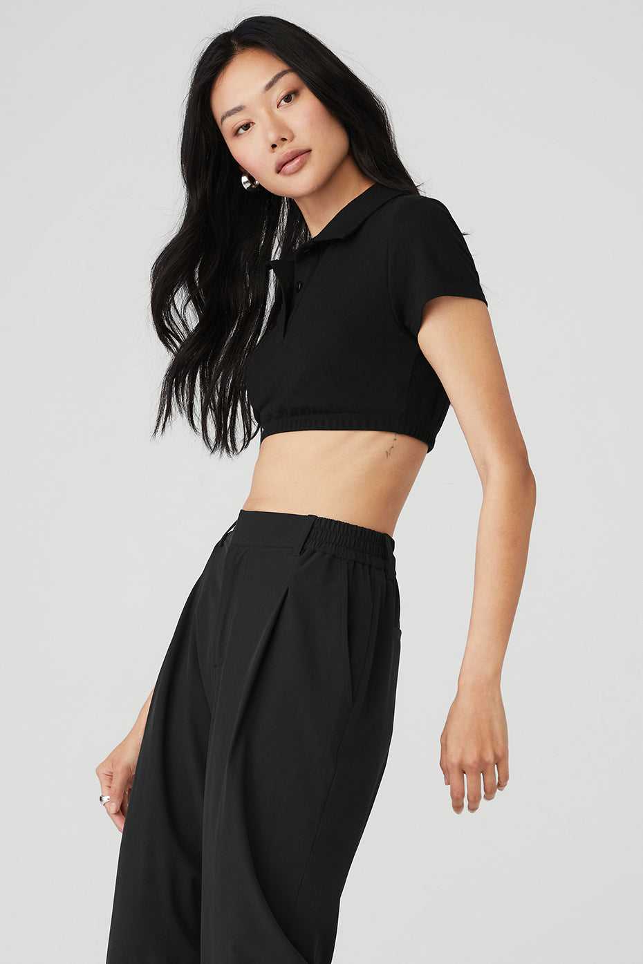 Alo Yoga USA Cropped Prestige Polo Black | 0238971-VD