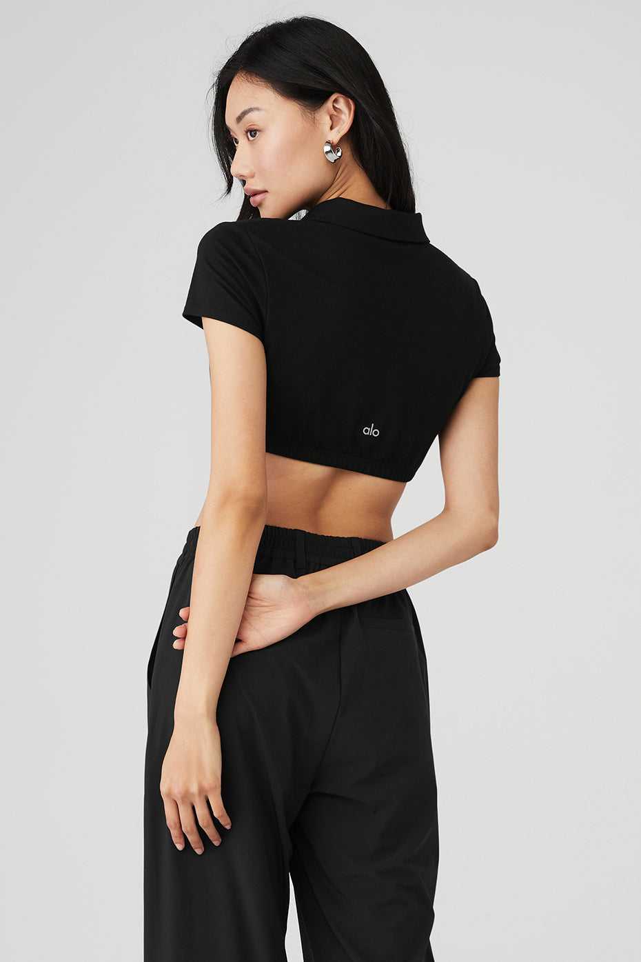 Alo Yoga USA Cropped Prestige Polo Black | 0238971-VD