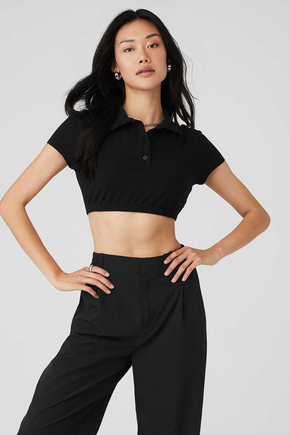 Alo Yoga USA Cropped Prestige Polo Black | 0238971-VD