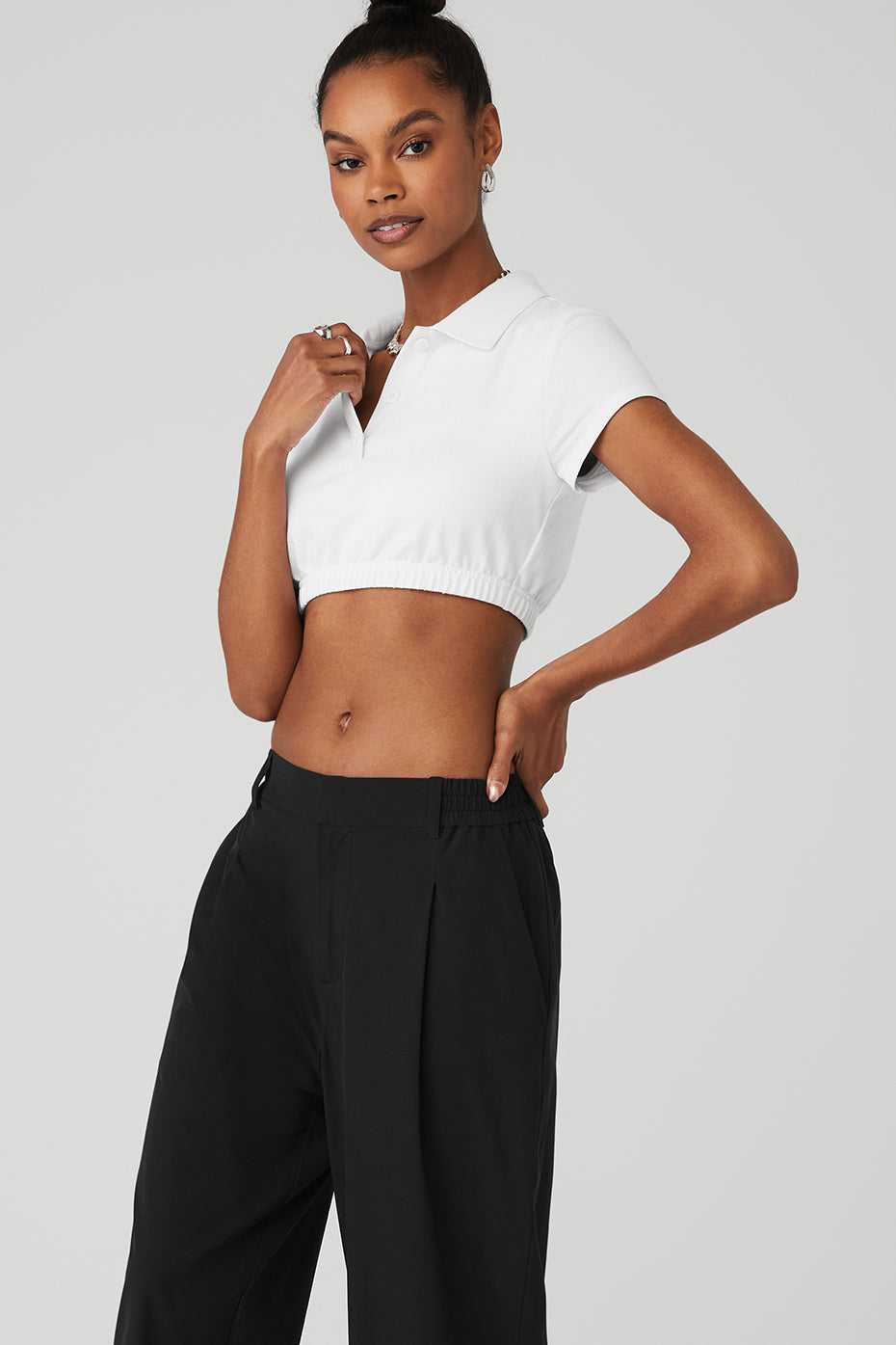 Alo Yoga USA Cropped Prestige Polo White | 9015724-HJ