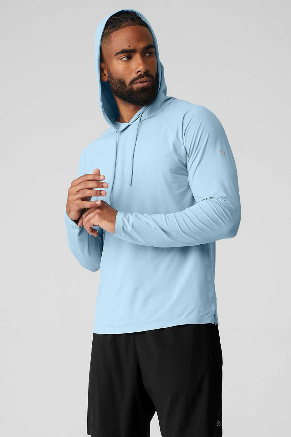 Alo Yoga USA Idol Hooded Runner Calm Blue | 9876231-GM