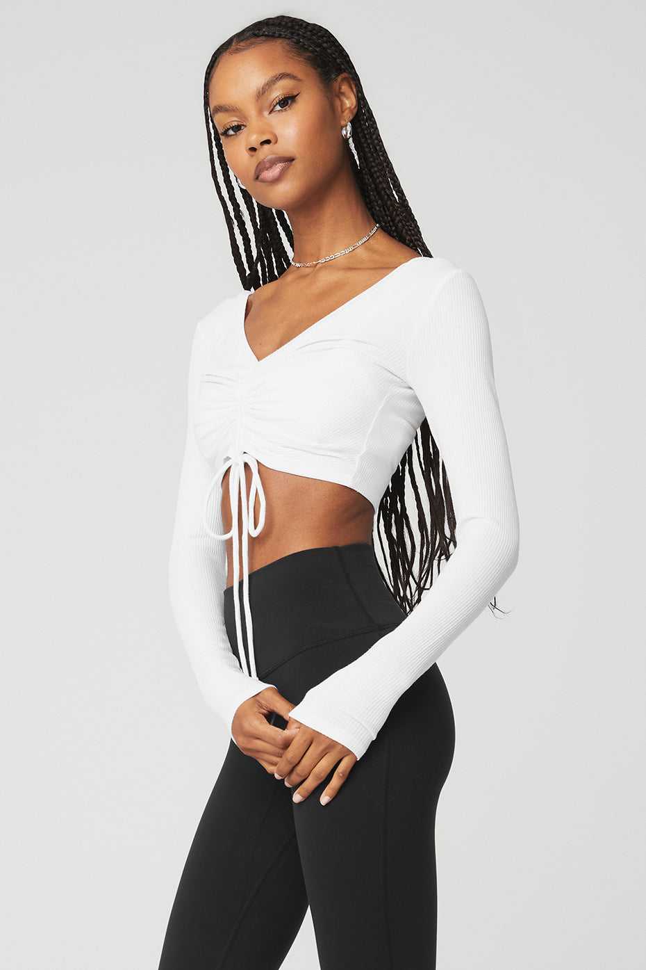 Alo Yoga USA Ribbed Cinch Cropped Long Sleeve White | 6394075-DY