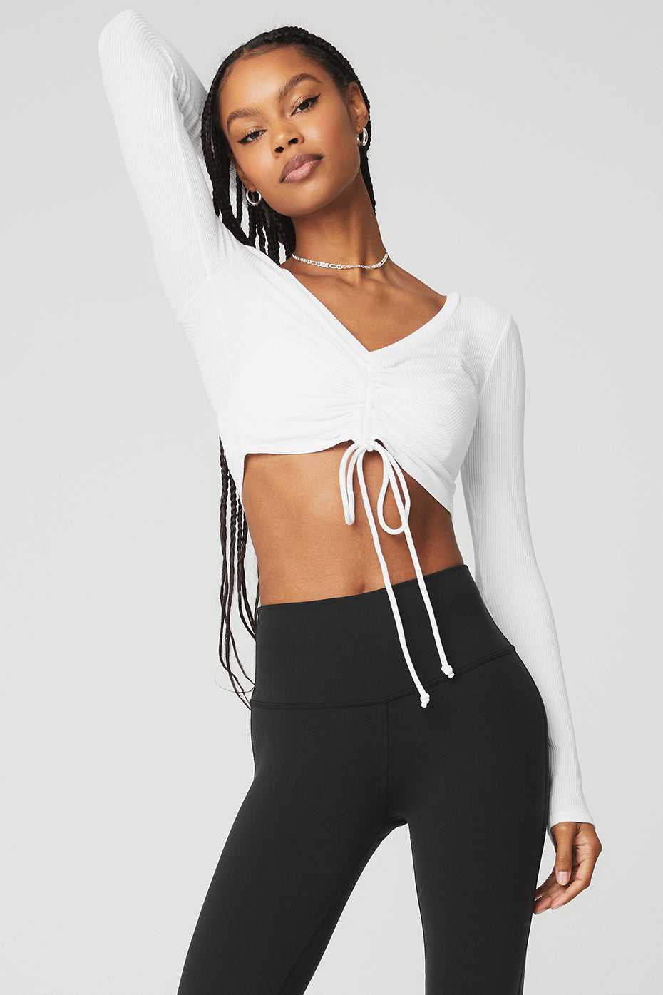 Alo Yoga USA Ribbed Cinch Cropped Long Sleeve White | 6394075-DY