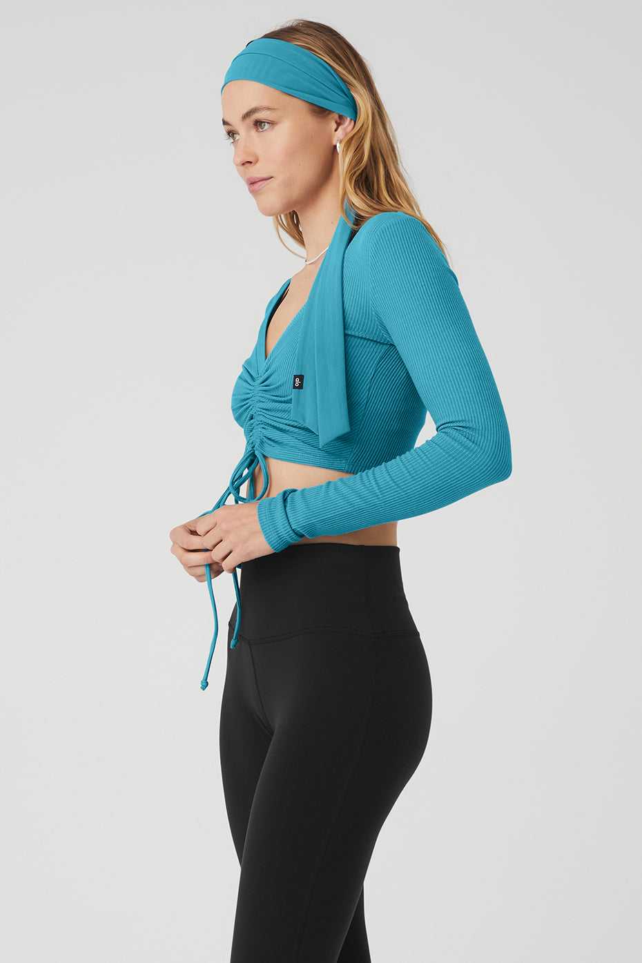 Alo Yoga USA Ribbed Cinch Cropped Long Sleeve Blue Splash | 0241379-ZC