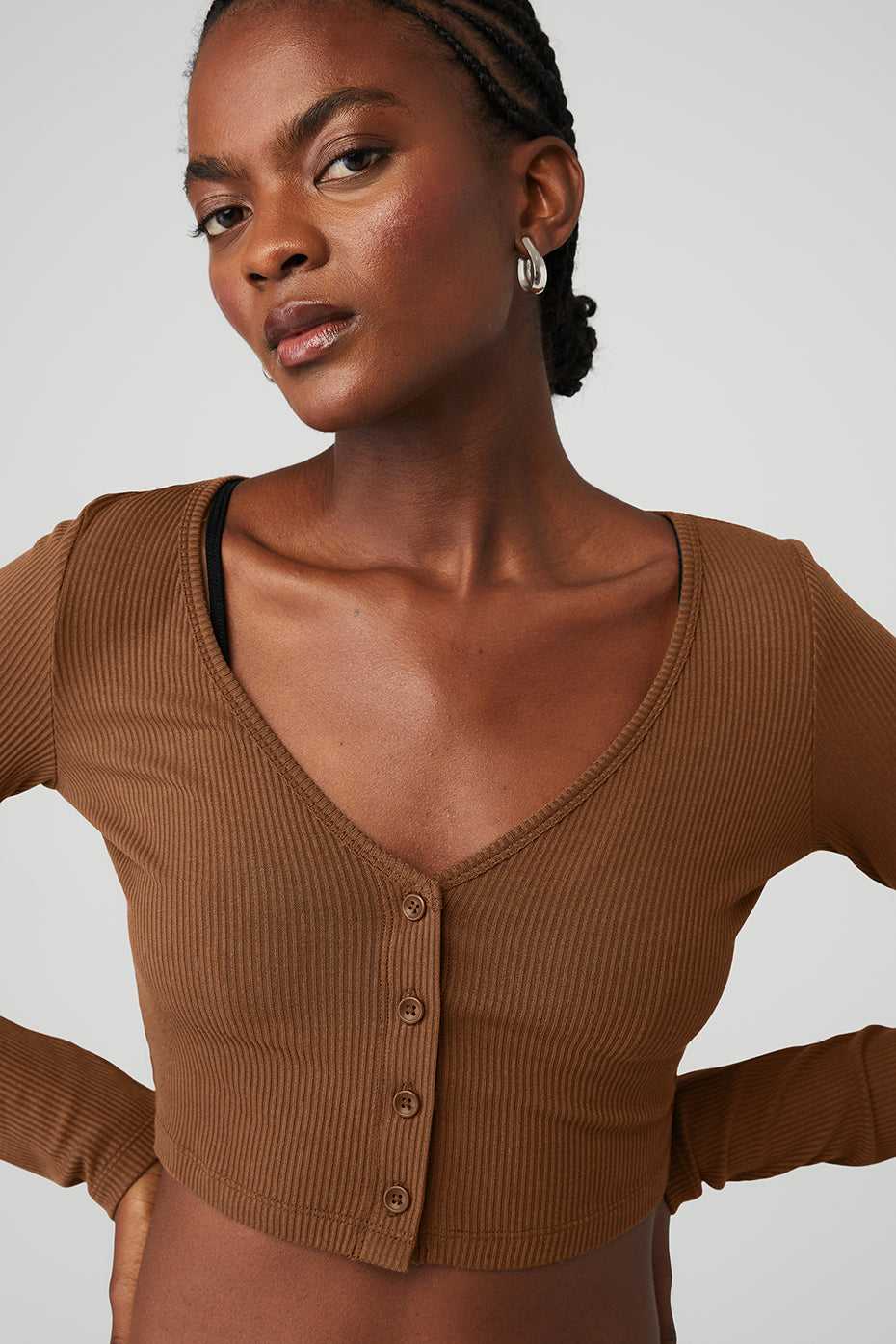 Alo Yoga USA Ribbed Cropped Whisper Cardigan Cinnamon Brown | 5730189-GB