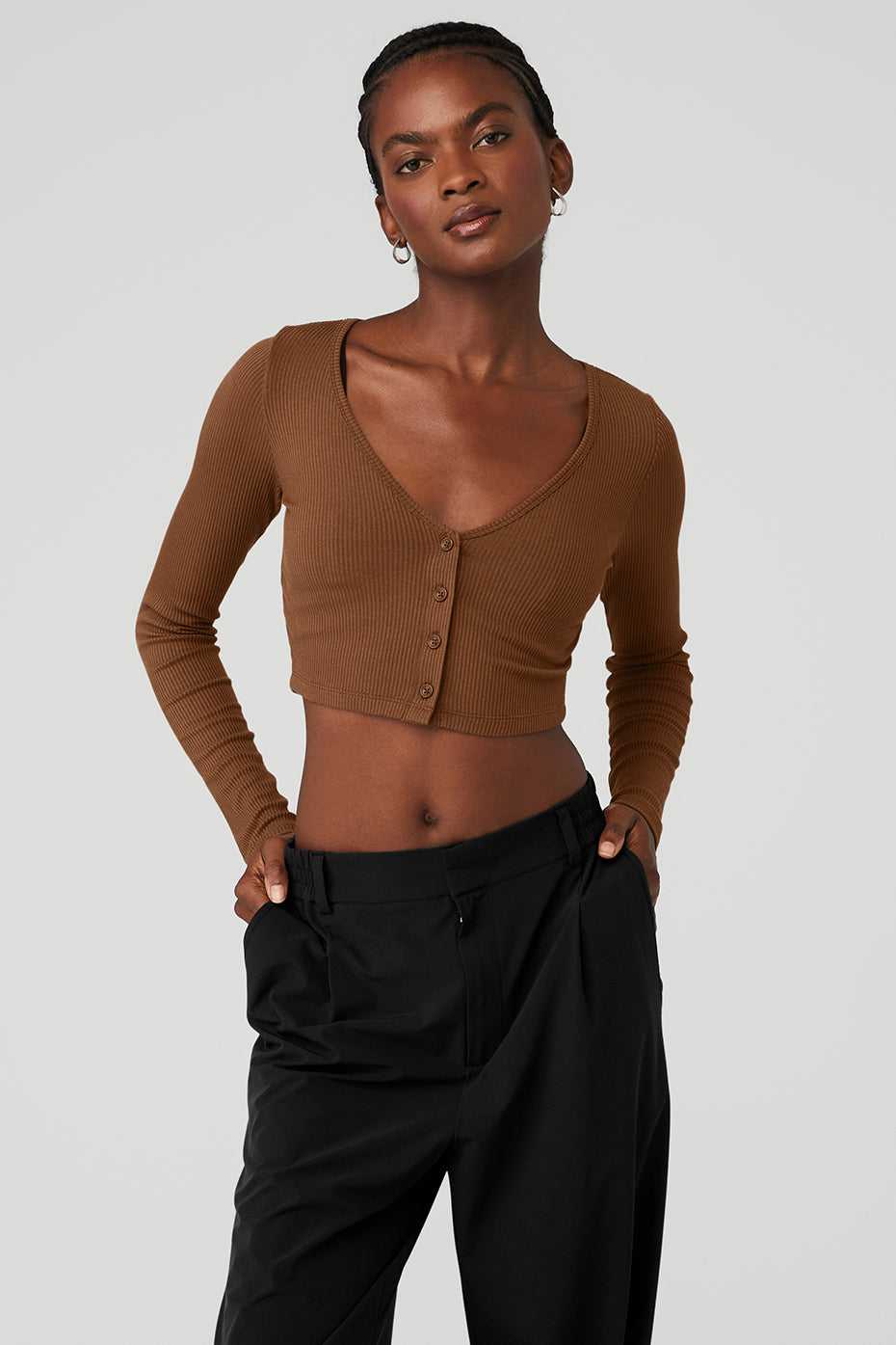 Alo Yoga USA Ribbed Cropped Whisper Cardigan Cinnamon Brown | 5730189-GB