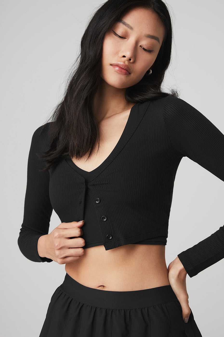 Alo Yoga USA Ribbed Cropped Whisper Cardigan Black | 7159036-KN