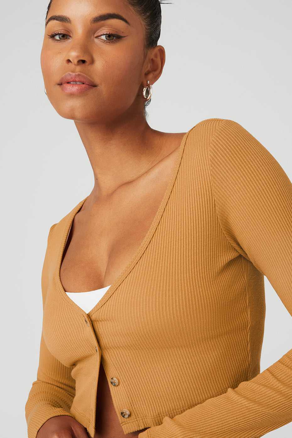 Alo Yoga USA Ribbed Cropped Whisper Cardi Toffee | 8079413-EY