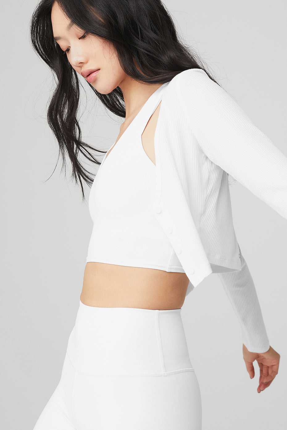 Alo Yoga USA Ribbed Cropped Whisper Cardigan White | 8079642-SU