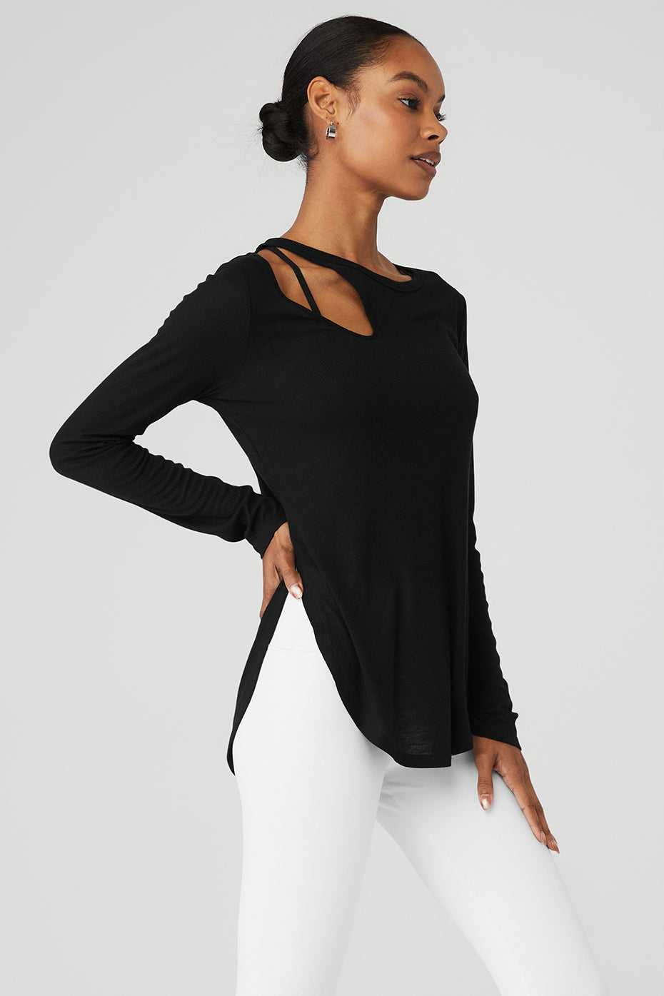 Alo Yoga USA Ribbed Peak Long Sleeve Black | 1569283-IS