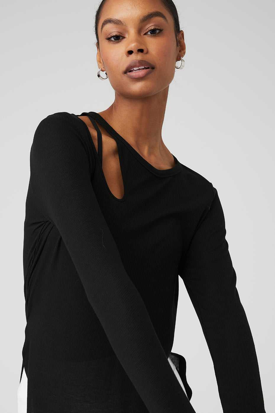 Alo Yoga USA Ribbed Peak Long Sleeve Black | 1569283-IS