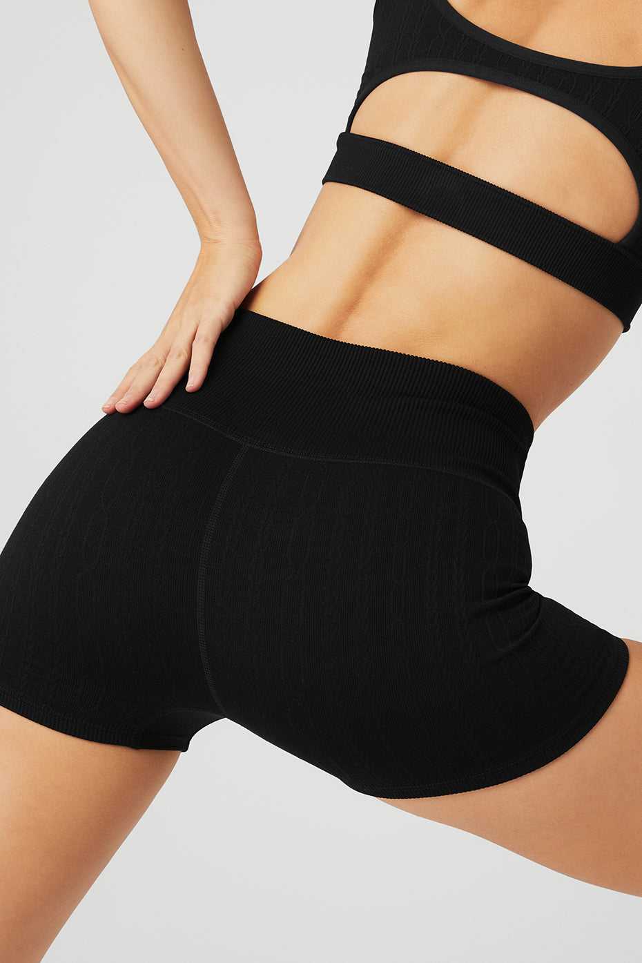 Alo Yoga USA Seamless Cable Knit Hot Black | 3147698-ER