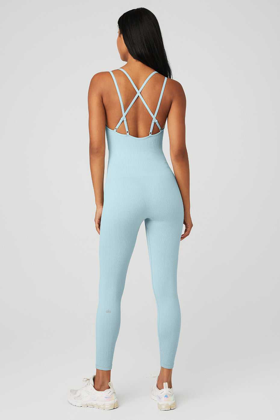 Alo Yoga USA Semi-Sheer Seamless Cable Knit Onesie Chalk Blue | 4780269-NA