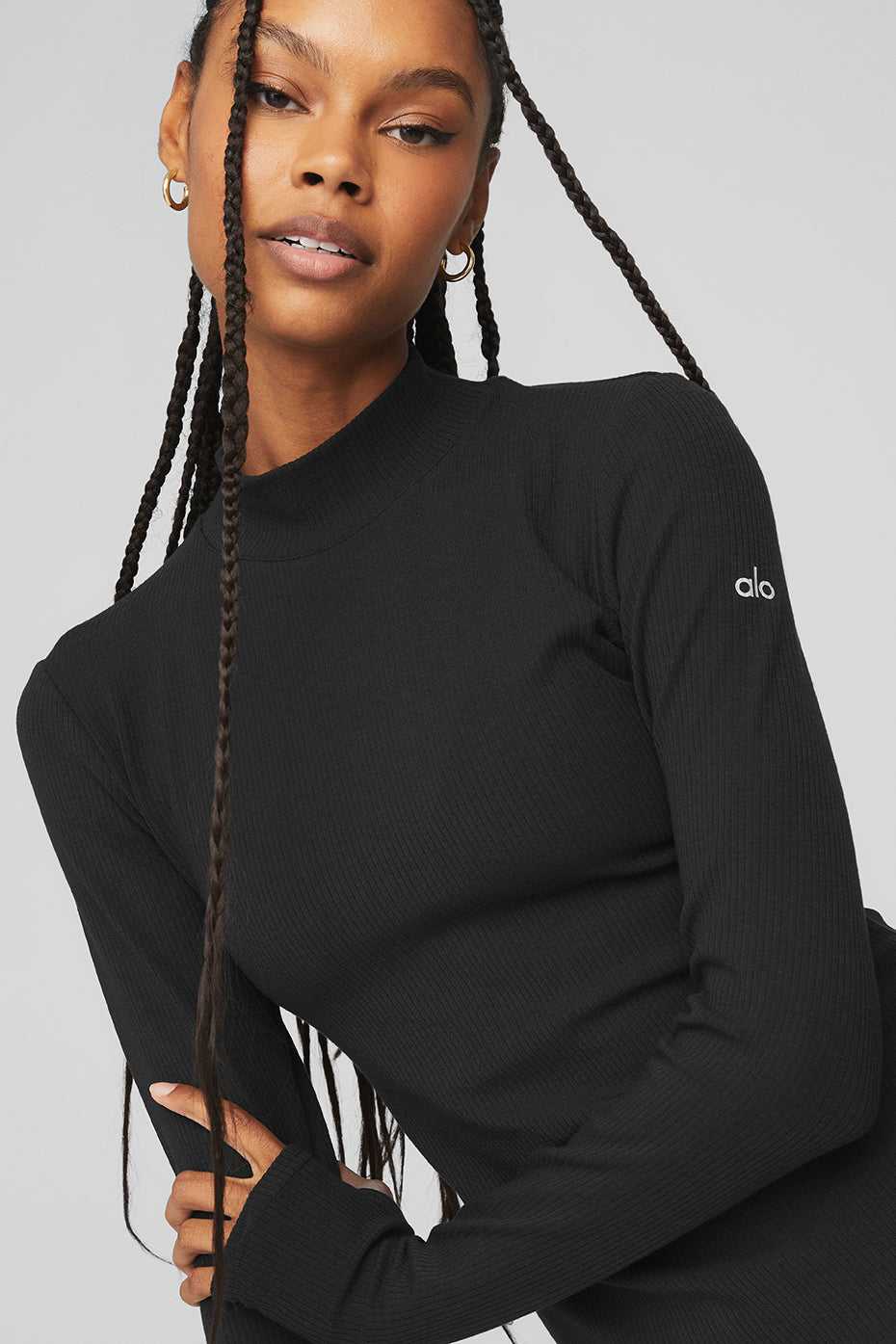 Alo Yoga USA Wellness Rib Mock Neck Long Sleeve Black | 5987012-DG